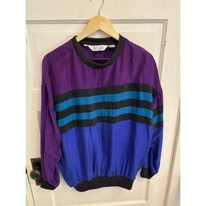 Sunny Leigh 80s Vintage Women's 100% Silk Blue‎ Purple Striped Pullover Large